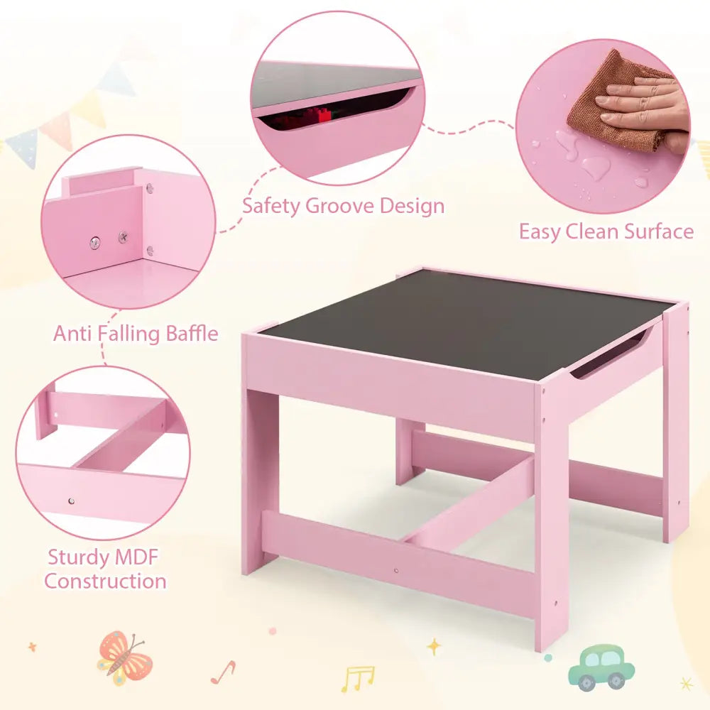Kids Table Chairs Set With Storage Boxes Blackboard Whiteboard Drawing-Pink - Pink - Kids Table & Chair Sets