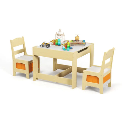 Kids Table Chairs Set With Storage Boxes Blackboard Whiteboard Drawing-Natural - Natural - Kids Table & Chair Sets