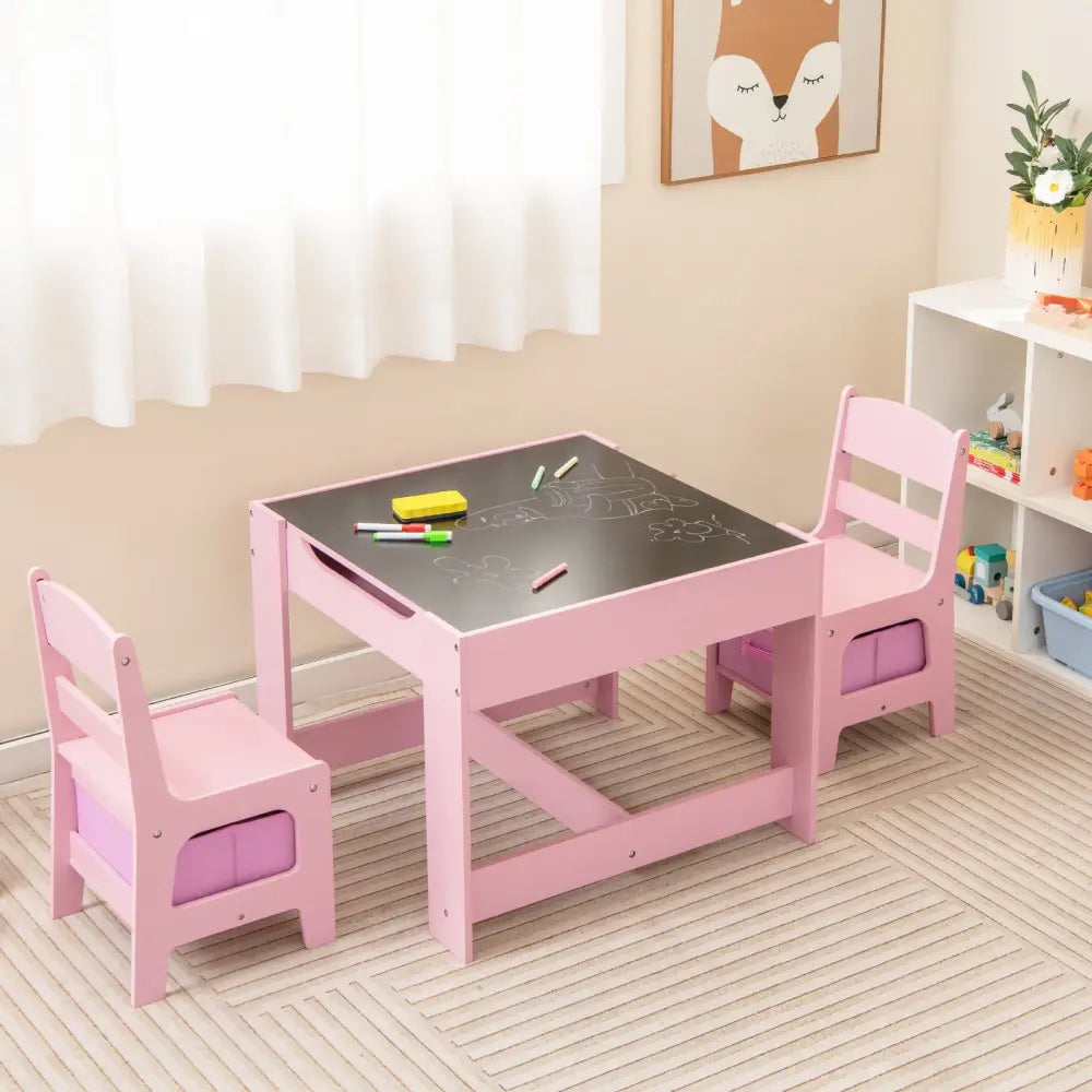 Kids Table Chairs Set With Storage Boxes Blackboard Whiteboard Drawing-Pink - Pink - Kids Table & Chair Sets