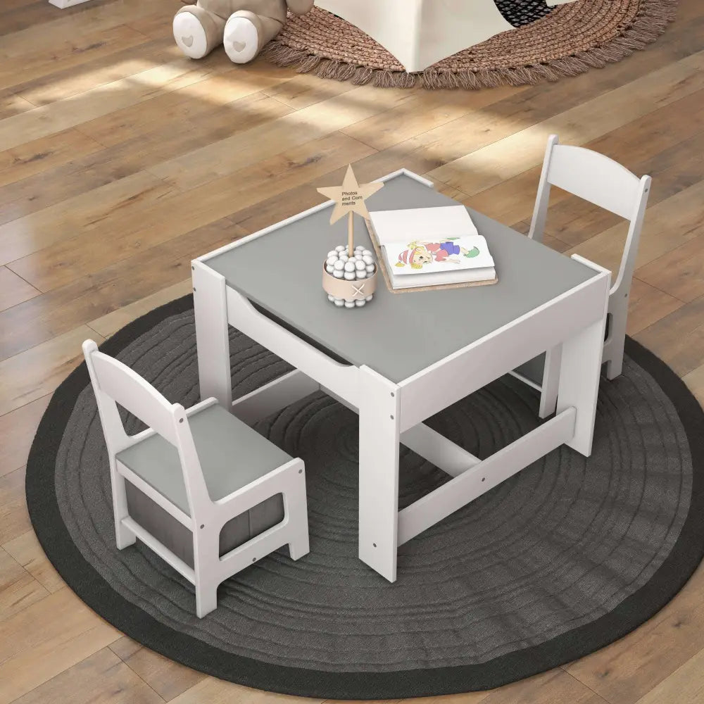 Kids Table Chairs Set With Storage Boxes Blackboard Whiteboard Drawing-White - White - Kids Table & Chair Sets