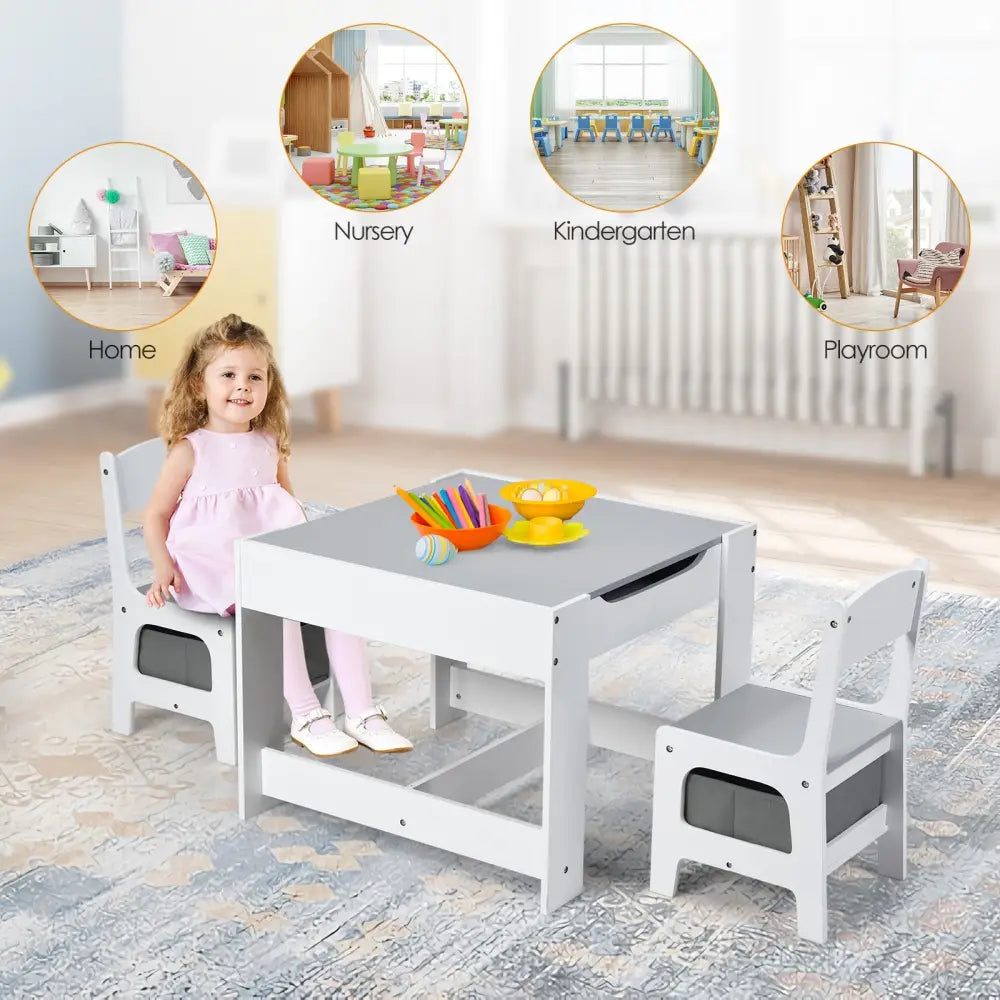 Kids Table Chairs Set With Storage Boxes Blackboard Whiteboard Drawing-White - White - Kids Table & Chair Sets