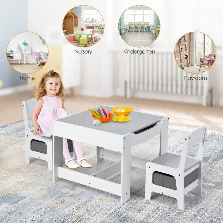 Kids Table Chairs Set With Storage Boxes Blackboard Whiteboard Drawing - White - Oasis Home Essentials