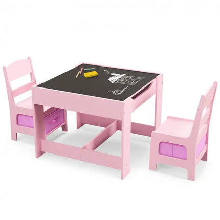 Kids Table Chairs Set With Storage Boxes Blackboard Whiteboard Drawing - Pink - Oasis Home Essentials