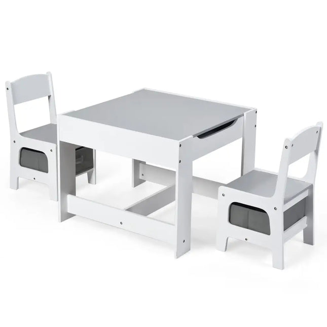 Kids Table Chairs Set With Storage Boxes Blackboard Whiteboard Drawing-White - White - Kids Table & Chair Sets