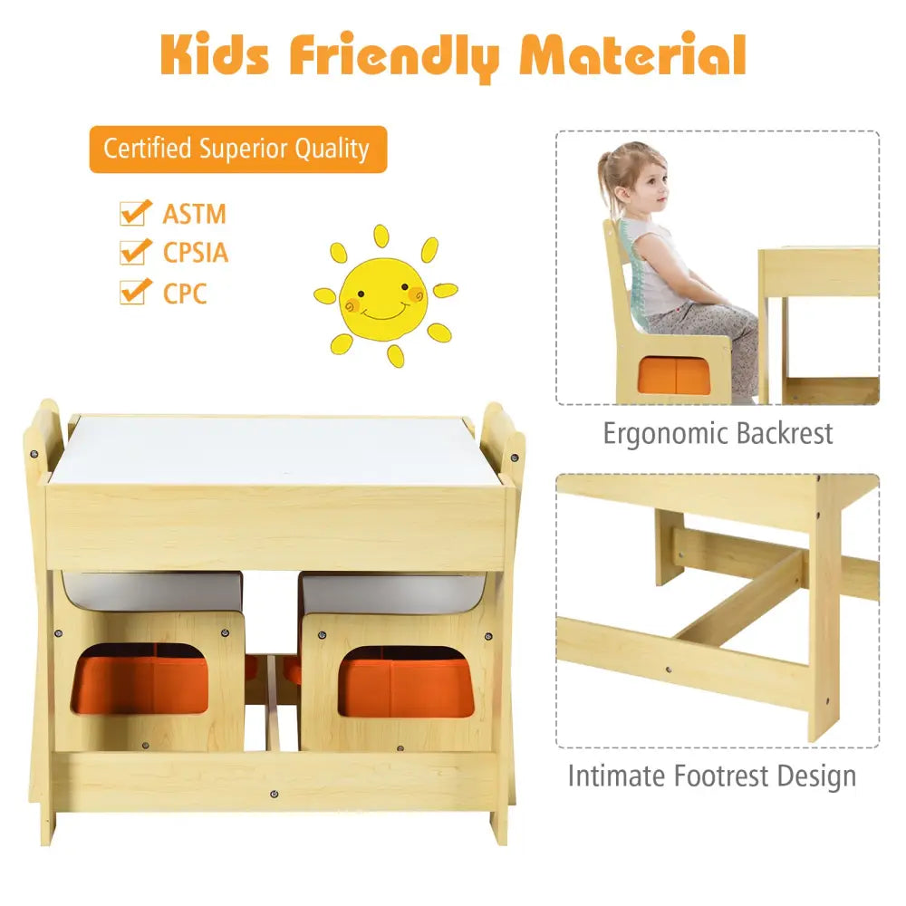 Kids Table Chairs Set With Storage Boxes Blackboard Whiteboard Drawing-Natural - Natural - Kids Table & Chair Sets