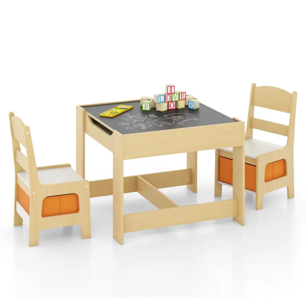 Kids Table Chairs Set With Storage Boxes Blackboard Whiteboard Drawing-Natural - Natural - Kids Table & Chair Sets