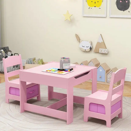 Kids Table Chairs Set With Storage Boxes Blackboard Whiteboard Drawing - Pink - Oasis Home Essentials