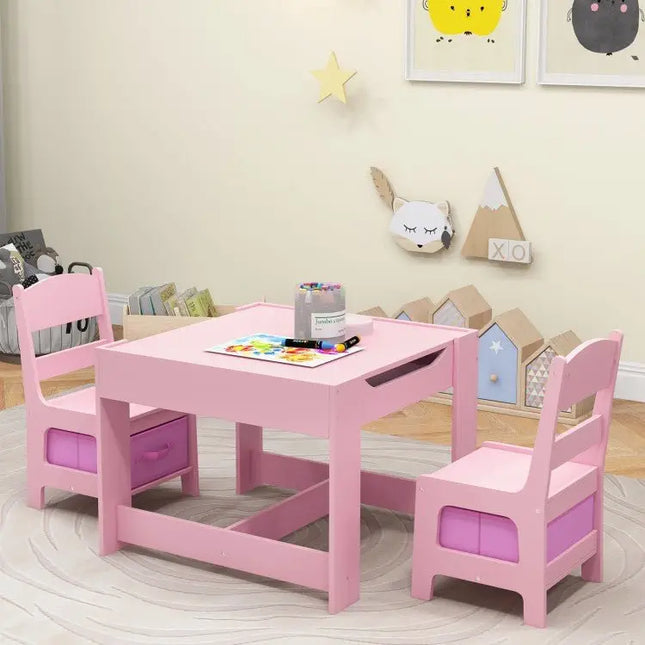 Kids Table Chairs Set With Storage Boxes Blackboard Whiteboard Drawing - Pink - Oasis Home Essentials