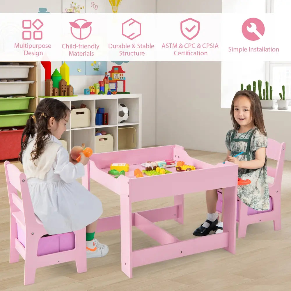 Kids Table Chairs Set With Storage Boxes Blackboard Whiteboard Drawing-Pink - Pink - Kids Table & Chair Sets