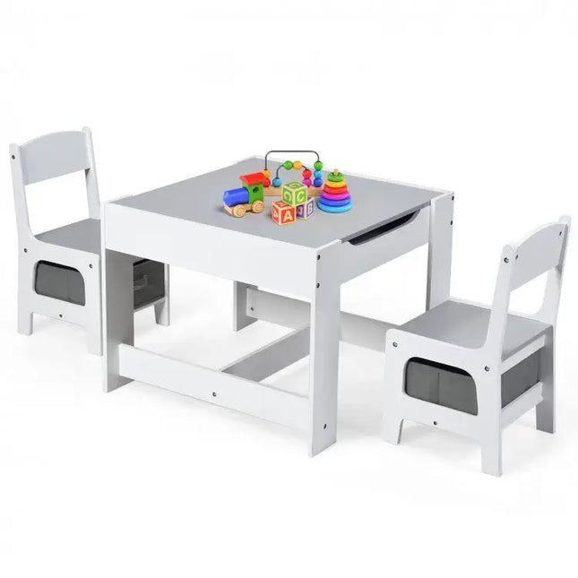 Kids Table Chairs Set With Storage Boxes Blackboard Whiteboard Drawing - White - Oasis Home Essentials
