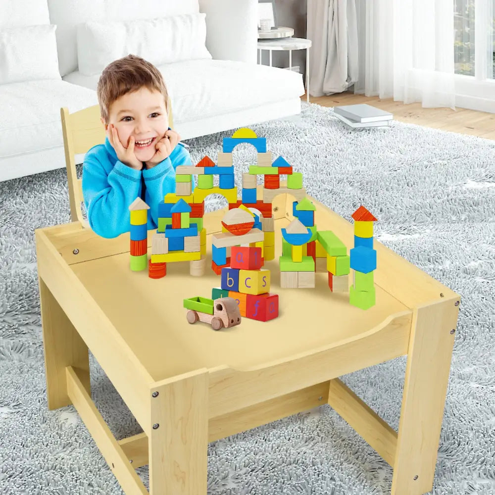 Kids Table Chairs Set With Storage Boxes Blackboard Whiteboard Drawing-Natural - Natural - Kids Table & Chair Sets