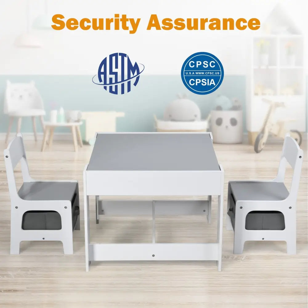 Kids Table Chairs Set With Storage Boxes Blackboard Whiteboard Drawing-White - White - Kids Table & Chair Sets