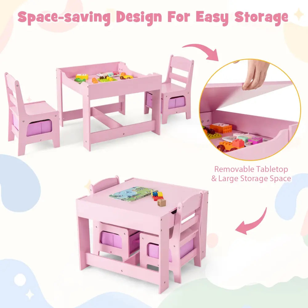 Kids Table Chairs Set With Storage Boxes Blackboard Whiteboard Drawing-Pink - Pink - Kids Table & Chair Sets