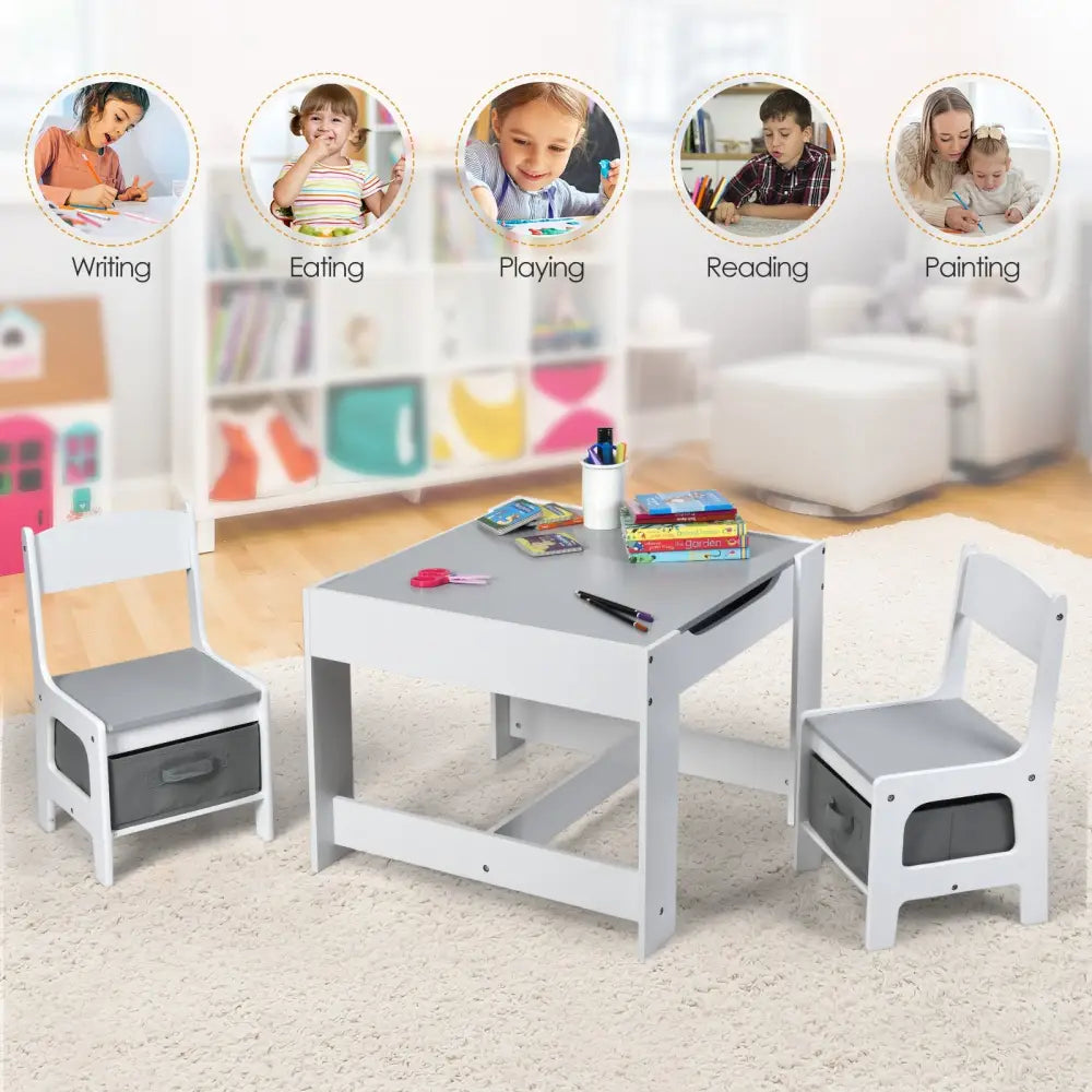 Kids Table Chairs Set With Storage Boxes Blackboard Whiteboard Drawing-White - White - Kids Table & Chair Sets