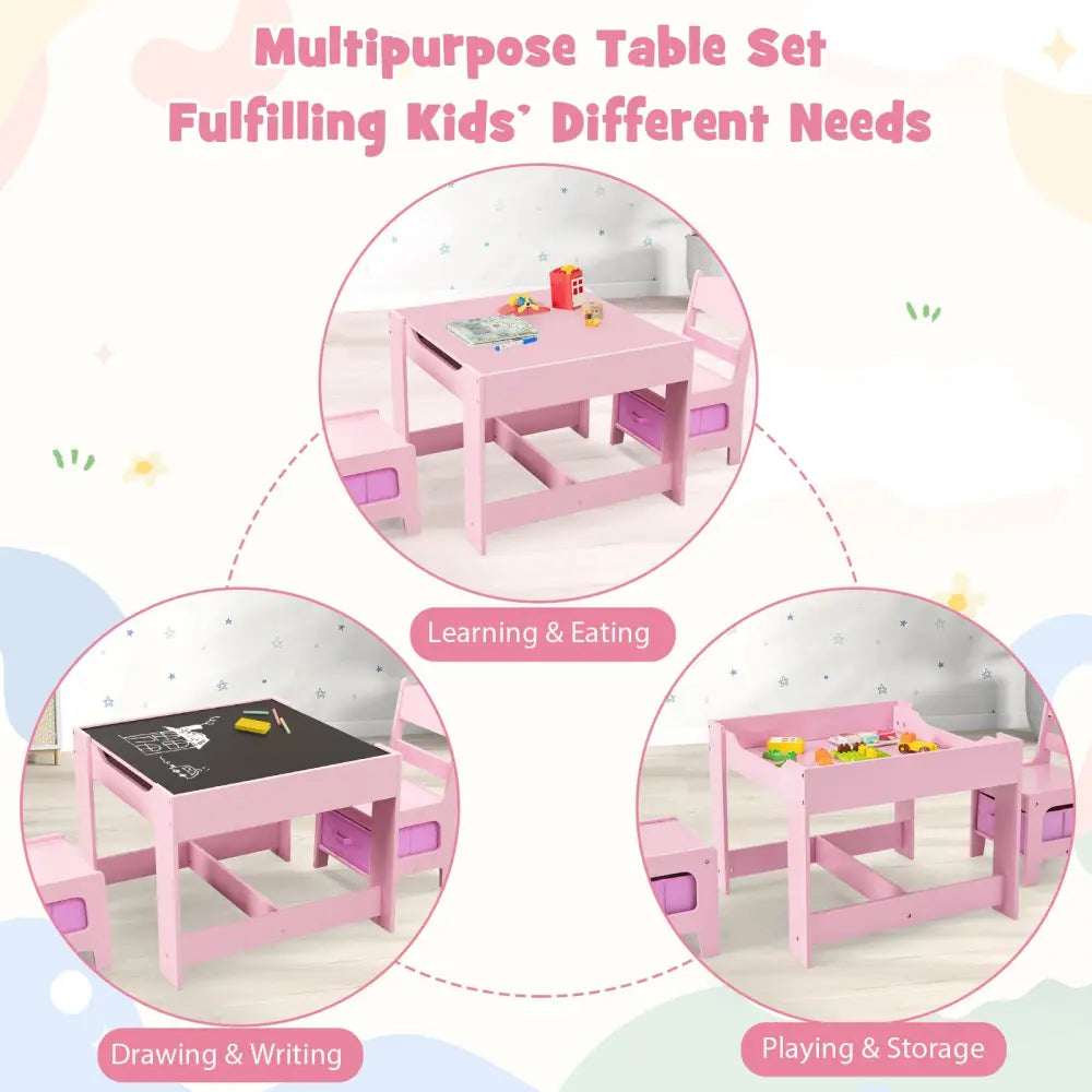 Kids Table Chairs Set With Storage Boxes Blackboard Whiteboard Drawing-Pink - Pink - Kids Table & Chair Sets
