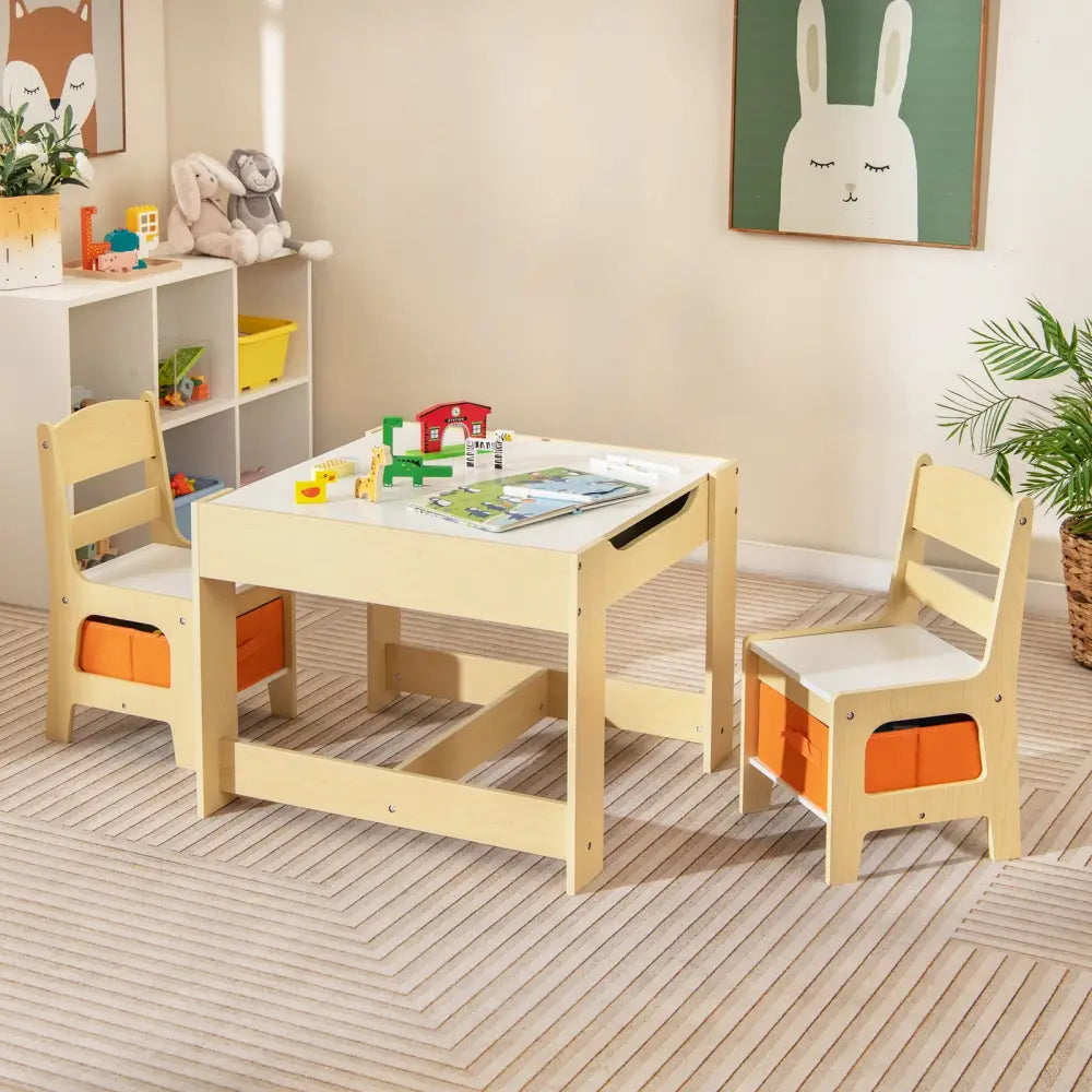 Kids Table Chairs Set With Storage Boxes Blackboard Whiteboard Drawing-Natural - Natural - Kids Table & Chair Sets