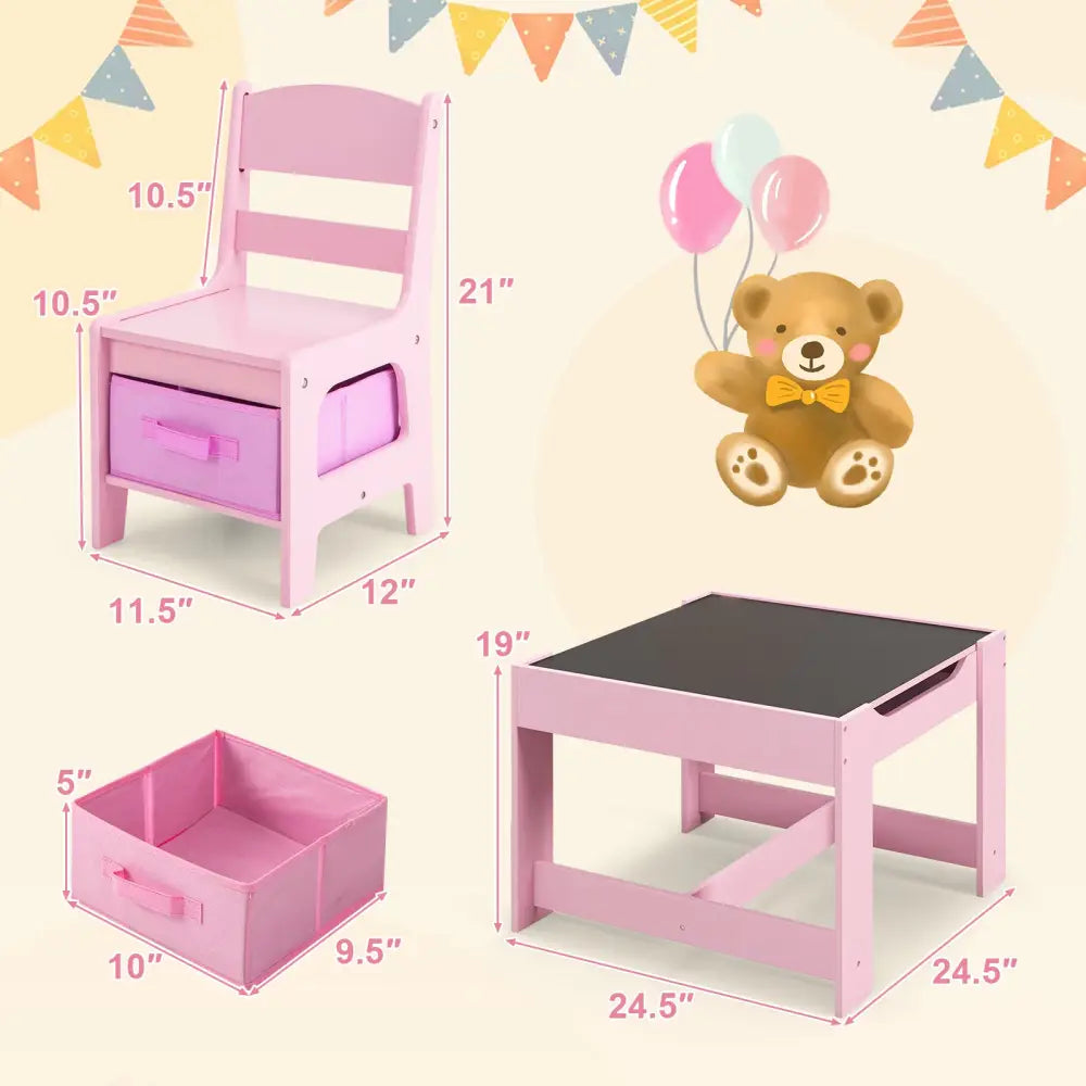 Kids Table Chairs Set With Storage Boxes Blackboard Whiteboard Drawing-Pink - Pink - Kids Table & Chair Sets