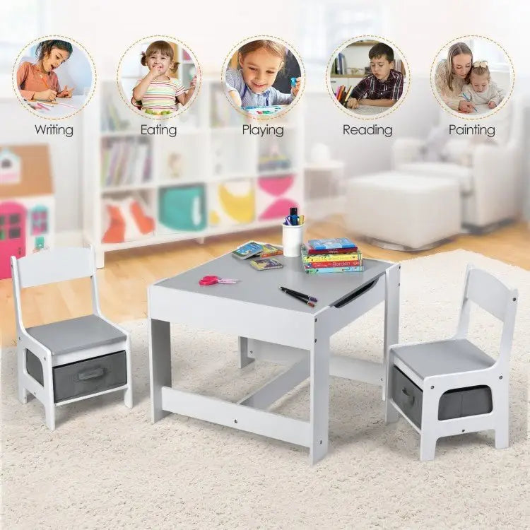 Kids Table Chairs Set With Storage Boxes Blackboard Whiteboard Drawing - White - Oasis Home Essentials