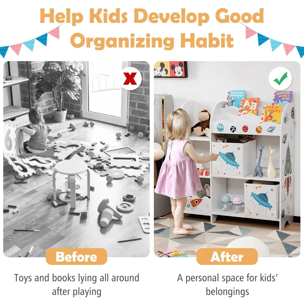 Kids Toy and Book Organizer Children Wooden Storage Cabinet with Storage Bins - White - Kids Storage