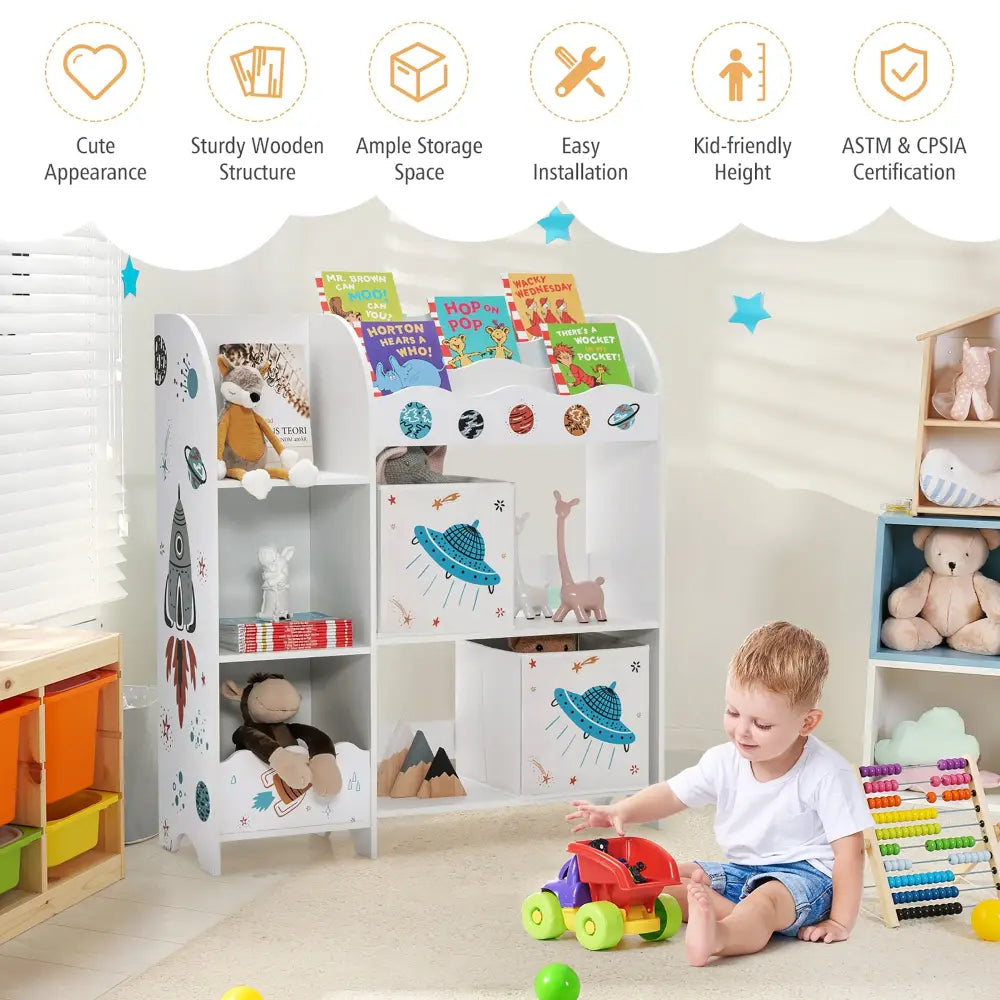 Kids Toy and Book Organizer Children Wooden Storage Cabinet with Storage Bins - White - Kids Storage