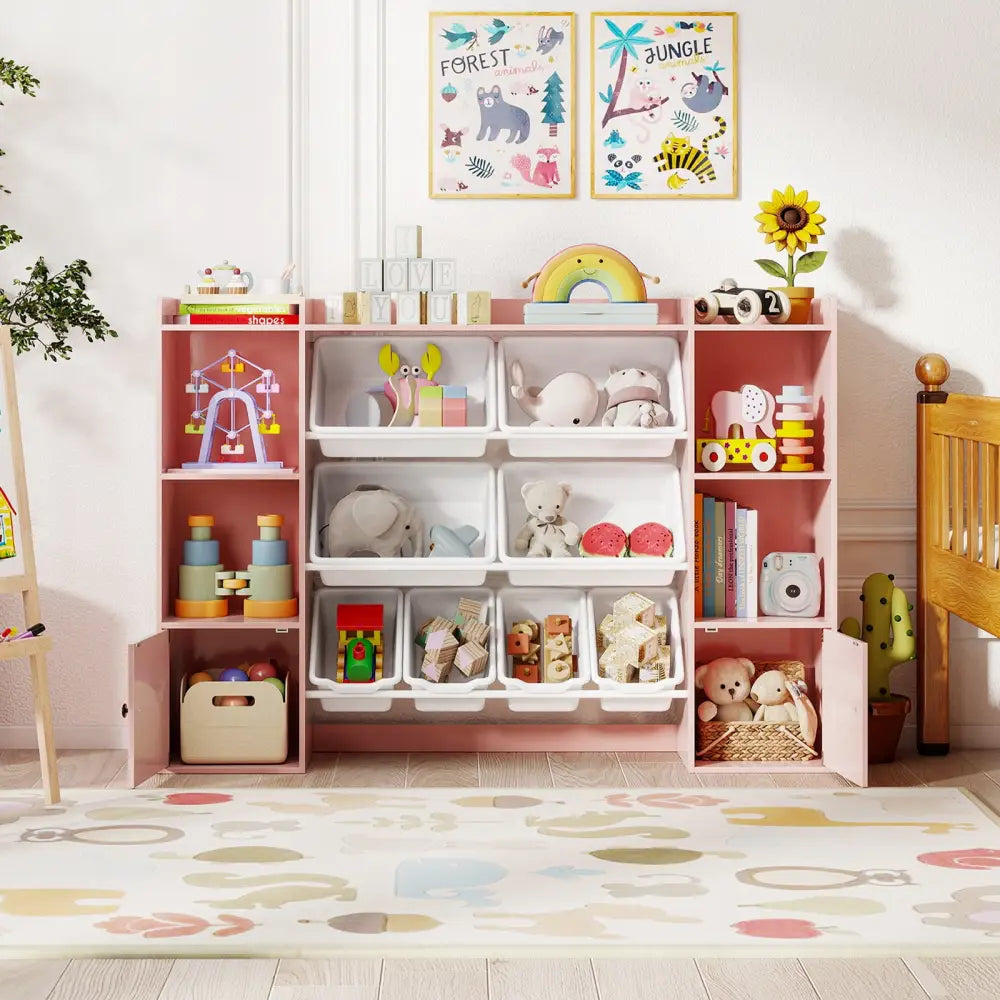Kids Toy Storage and Bookshelf with Boxes and Open Shelves-Pink - Pink - Kids Storage