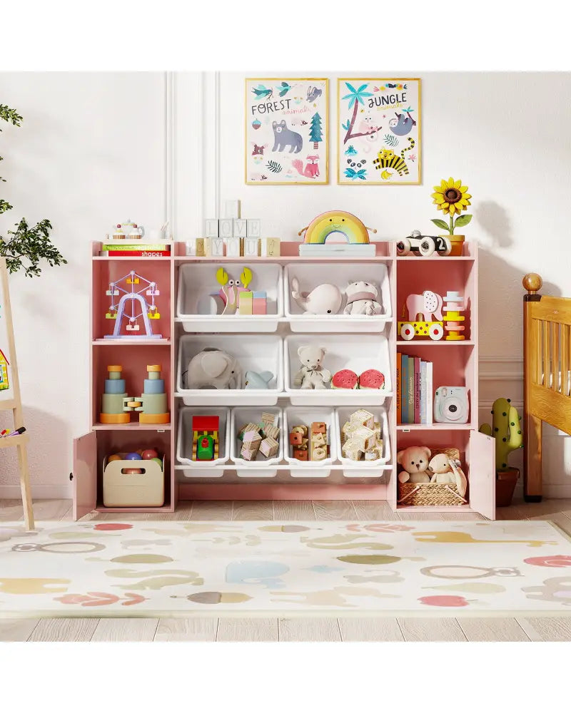 Kids Toy Storage and Bookshelf with Boxes and Open Shelves-Pink - Pink - Kids Storage