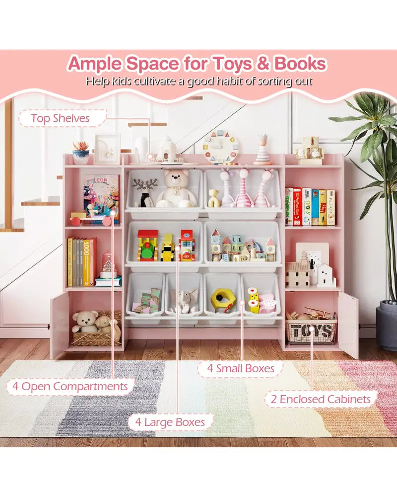 Kids Toy Storage and Bookshelf with Boxes and Open Shelves-Pink - Pink - Kids Storage