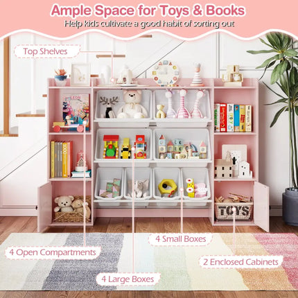 Kids Toy Storage and Bookshelf with Boxes and Open Shelves-Pink - Pink - Kids Storage