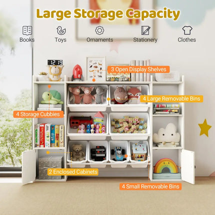 Kids Toy Storage and Bookshelf with Boxes and Open Shelves-White - White - Kids Storage
