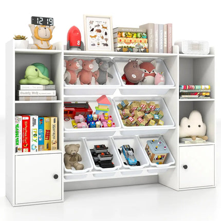 Kids Toy Storage and Bookshelf with Boxes and Open Shelves-White - White - Kids Storage