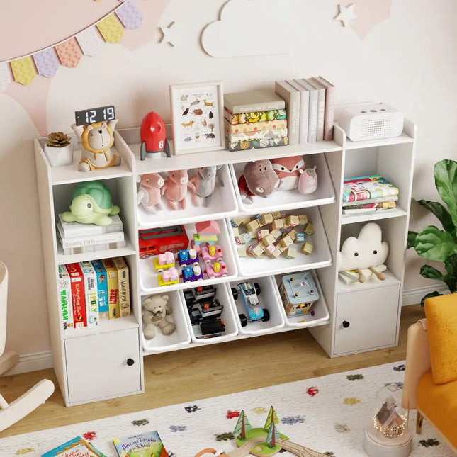 Kids Toy Storage and Bookshelf with Boxes and Open Shelves-White - White - Kids Storage