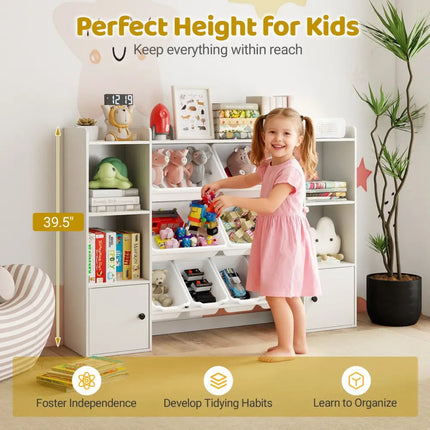 Kids Toy Storage and Bookshelf with Boxes and Open Shelves-White - White - Kids Storage