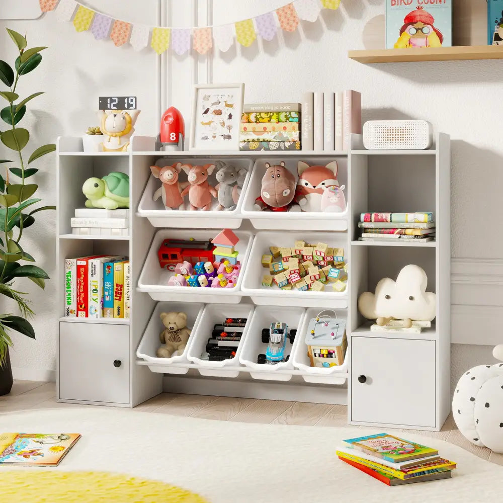 Kids Toy Storage and Bookshelf with Boxes and Open Shelves-White - White - Kids Storage