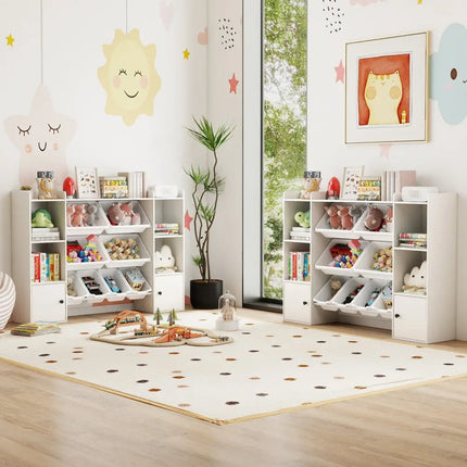 Kids Toy Storage and Bookshelf with Boxes and Open Shelves-White - White - Kids Storage