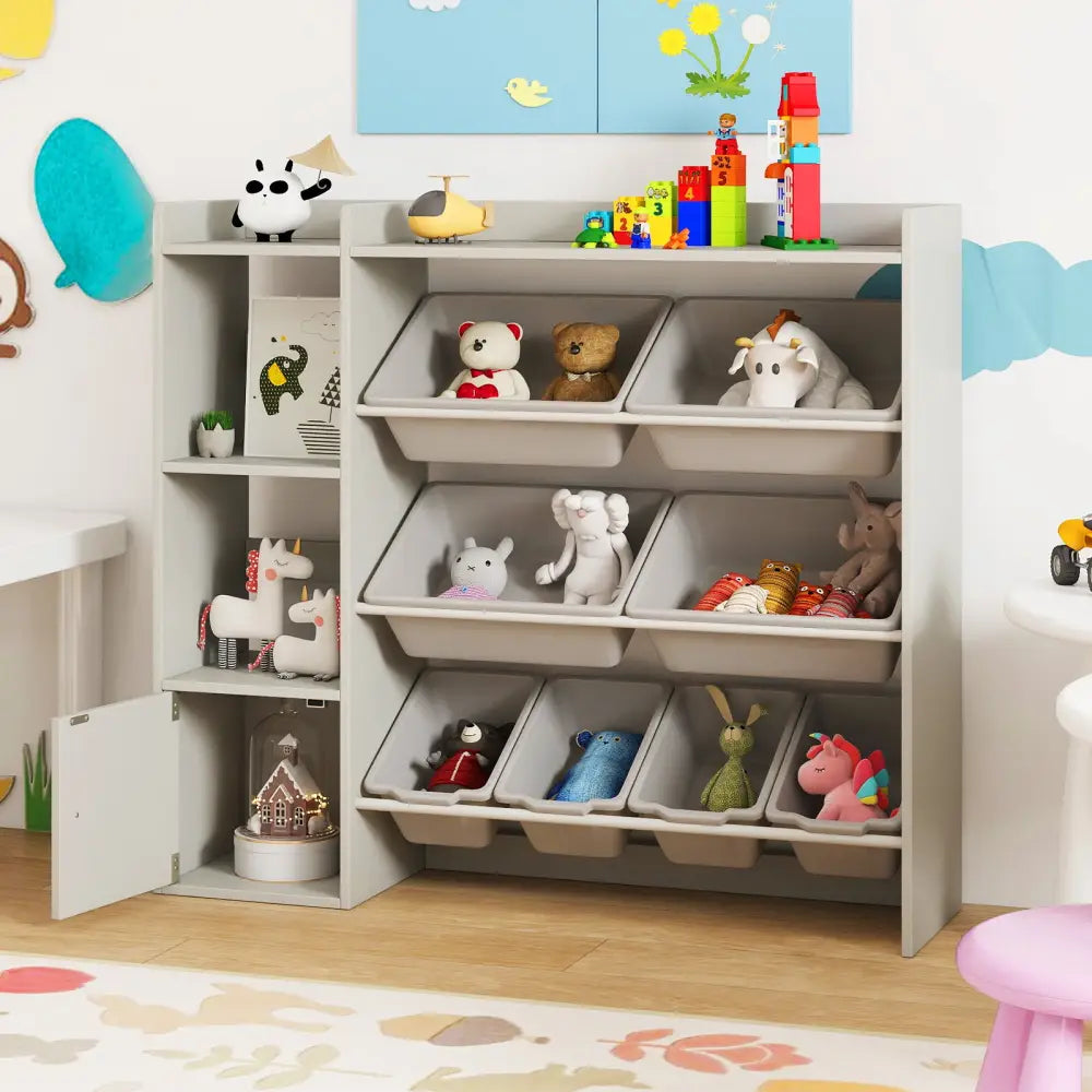Kids Toy Storage and Bookshelf with Open Shelves and Single-door Cabinet-Gray - Gray - Kids Storage