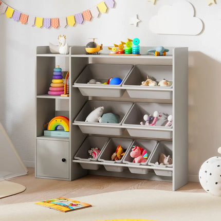 Kids Toy Storage and Bookshelf with Open Shelves and Single-door Cabinet-Gray - Gray - Kids Storage