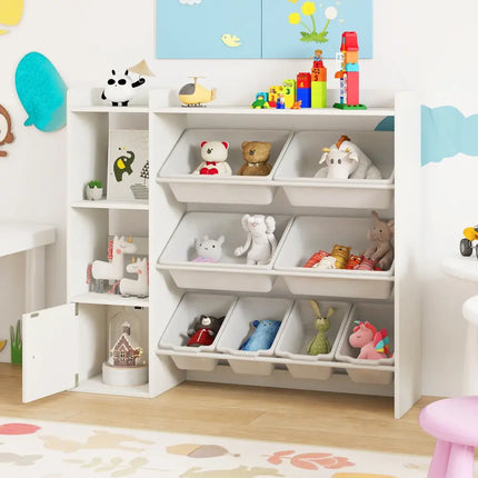 Kids Toy Storage and Bookshelf with Open Shelves and Single-door Cabinet-White - White - Kids Storage