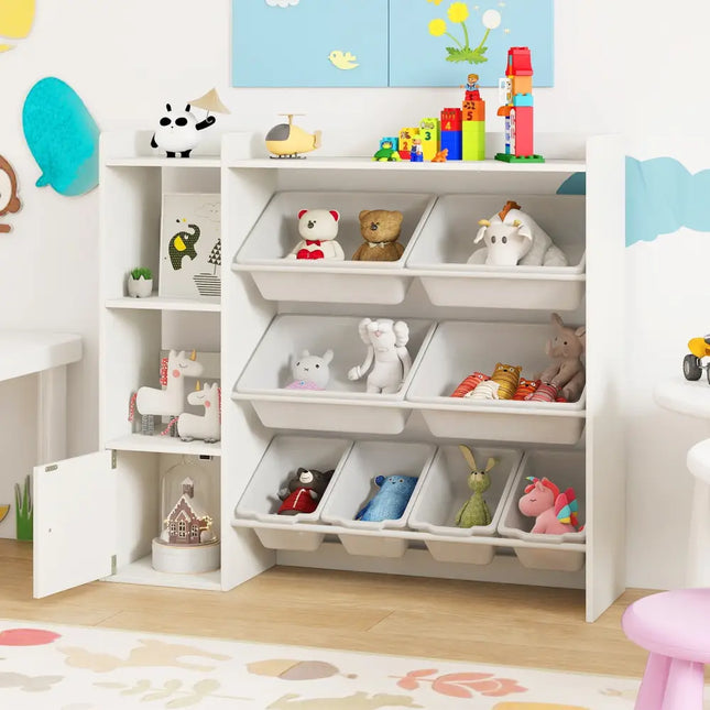 Kids Toy Storage and Bookshelf with Open Shelves and Single-door Cabinet-White - White - Kids Storage