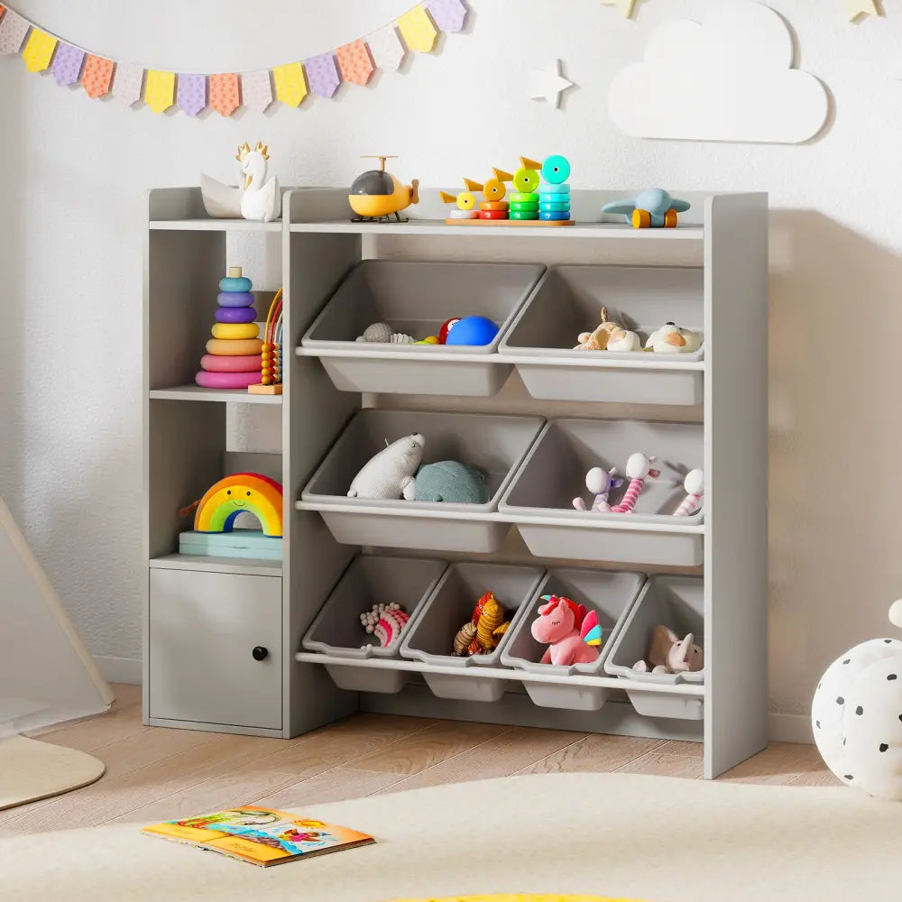 Kids Toy Storage and Bookshelf with Open Shelves and Single-door Cabinet-Gray - Gray - Kids Storage