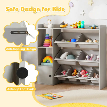 Kids Toy Storage and Bookshelf with Open Shelves and Single-door Cabinet-Gray - Gray - Kids Storage