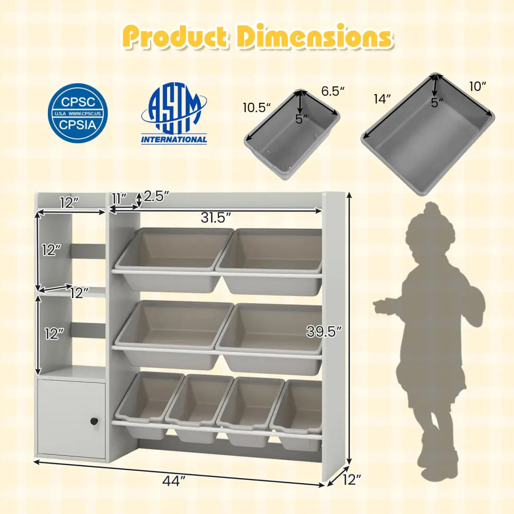 Kids Toy Storage and Bookshelf with Open Shelves and Single-door Cabinet-Gray - Gray - Kids Storage