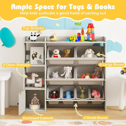 Kids Toy Storage and Bookshelf with Open Shelves and Single-door Cabinet-Gray - Gray - Kids Storage