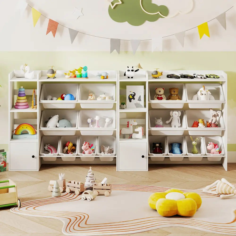 Kids Toy Storage and Bookshelf with Open Shelves and Single-door Cabinet-White - White - Kids Storage