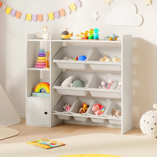 Kids Toy Storage and Bookshelf with Open Shelves and Single-door Cabinet-White - White - Kids Storage