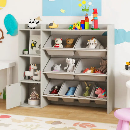 Kids Toy Storage and Bookshelf with Open Shelves and Single-door Cabinet-Gray - Gray - Kids Storage