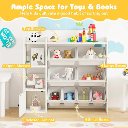 Kids Toy Storage and Bookshelf with Open Shelves and Single-door Cabinet-White - White - Kids Storage