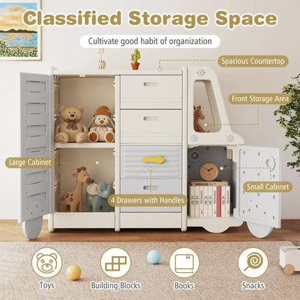 Kids Toy Storage Organizer Bus-shaped Children Cabinet with 4 Pull-out Drawers with Handles-Gray - Gray - Kids Storage