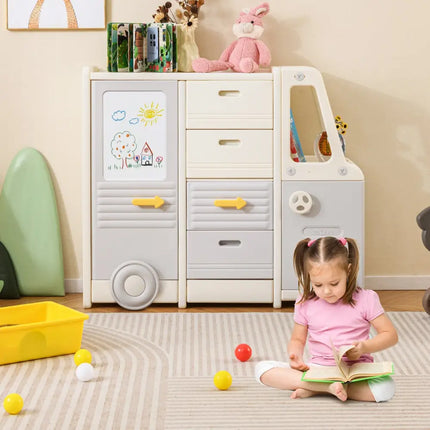 Kids Toy Storage Organizer Bus-shaped Children Cabinet with 4 Pull-out Drawers with Handles-Gray - Gray - Kids Storage
