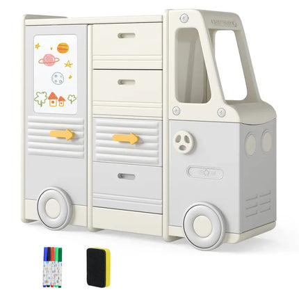 Kids Toy Storage Organizer Bus-shaped Children Cabinet with 4 Pull-out Drawers with Handles-Gray - Gray - Kids Storage
