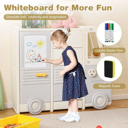 Kids Toy Storage Organizer Bus-shaped Children Cabinet with 4 Pull-out Drawers with Handles-Gray - Gray - Kids Storage
